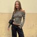 European And American Hot-Selling Color-Block Striped Asymmetrical Neck Long Sleeve T-Shirt For Women 2025 Autumn New_ecoleips.com