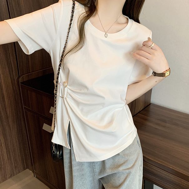 Women's Clothing Fashionable And Versatile National Style Asymmetric Waist Short Sleeved Bottoming Shirt Top T Shirt Trend_ecoleips.com