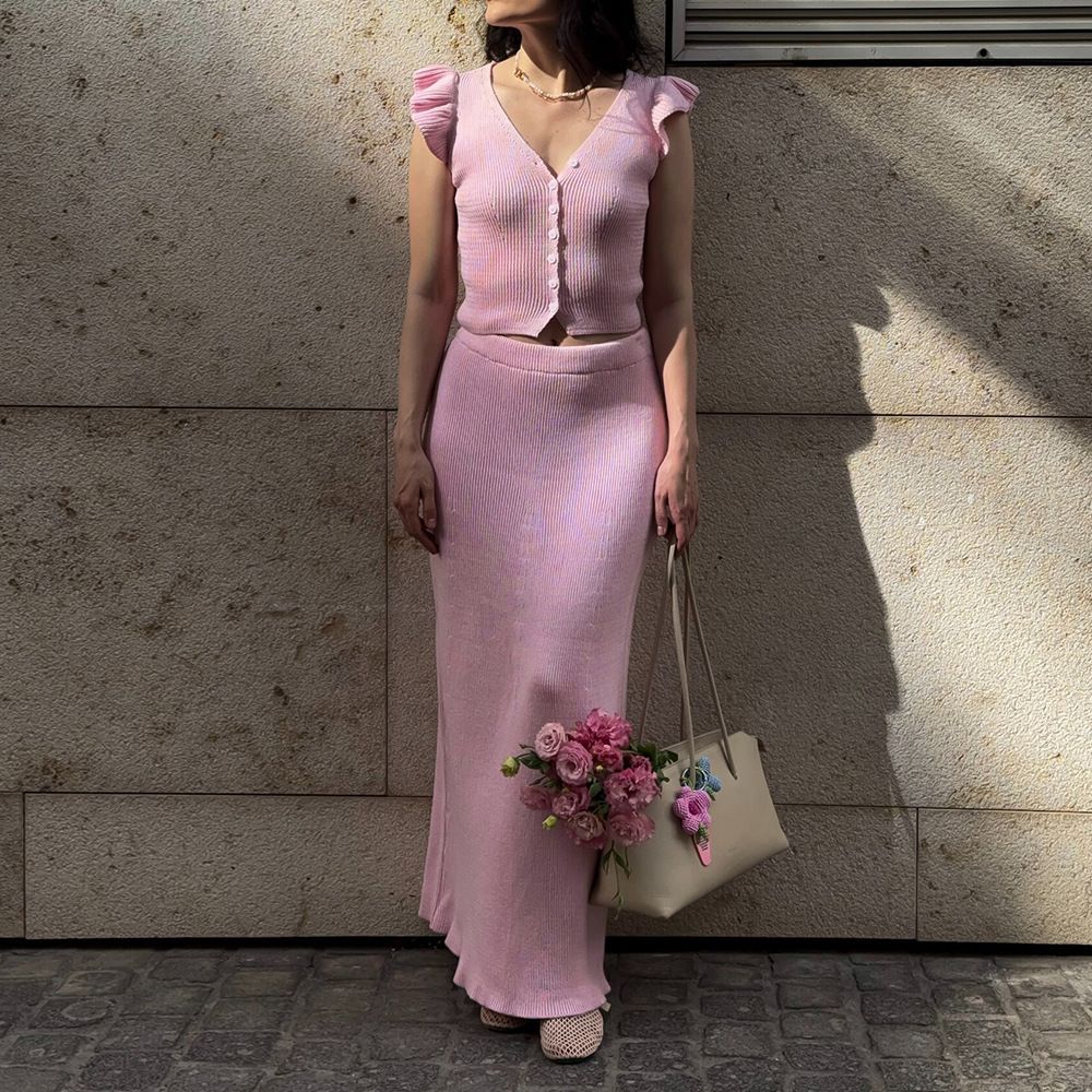 Women's Clothing Elegant V Neck Knitted Midi Skirt Set With Flutter Sleeve Top And Long Skirt Style Summer For Formal & Casual_ecoleips.com