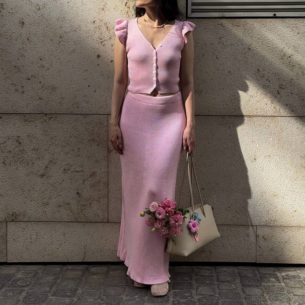 Women's Clothing Elegant V Neck Knitted Midi Skirt Set With Flutter Sleeve Top And Long Skirt Style Summer For Formal & Casual_ecoleips.com