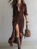 Aria Basics Aria Basics 2025 Autumn/Winter Cross-Border European American Fashion Buttoned Ruched Slit Velvet Dress With Turn-Down Collar And_ecoleips.com