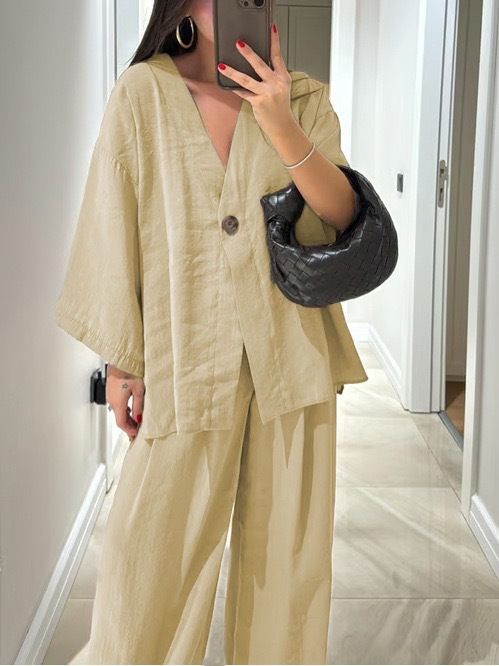Women's Clothing Women's Fashion Casual Set V Neck Single Button Loose Fitting Long Sleeved Top And High Waisted Trousers Two Piece Set_ecoleips.com