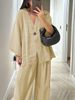 Women's Clothing Women's Fashion Casual Set V Neck Single Button Loose Fitting Long Sleeved Top And High Waisted Trousers Two Piece Set_ecoleips.com