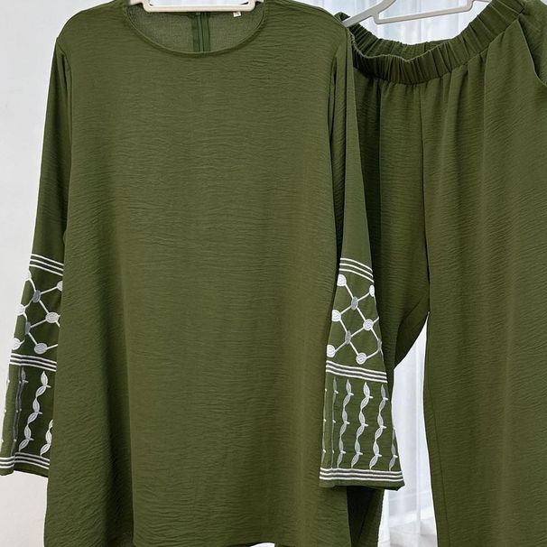Women's Floral Stitch Two-Piece Outfit Elegant Casual Embroidery Top Wide-Leg Pants Set_ecoleips.com