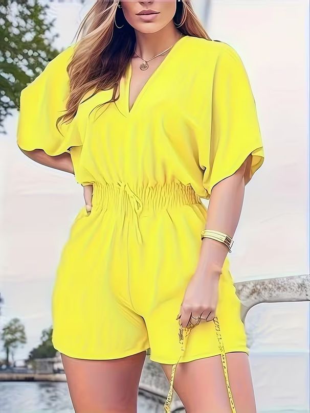 Women's V-Neck Short Sleeve Jumpsuit With Waist Tie - Casual & Comfortable Romper In 8 Colors (S-2xl)_ecoleips.com