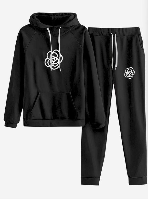 Women's Camellia Pattern Long Sleeve Hooded Sweatshirt And Slim Fit Sports Pants Set Simple Print Fashionable Casual Outfit_ecoleips.com