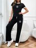 Women's European Style Cotton Two-Piece Outfit Casual Rose Print T-Shirt Straight Leg Lounge Pants Set_ecoleips.com
