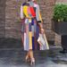 Women's Clothing New Style Dress Print Bowknot Collar Three Quarter Sleeve Midi Dress_ecoleips.com