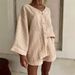 Women's Spring/Summer Two Piece Set Cotton Linen Solid Color Cardigan Long Sleeve Button Detail Shorts with Pockets European American Style_ecoleips.com