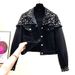 Women's Cropped Denim Jacket With Pearl & Rhinestone Embellishment, Fringe Trim, Long Sleeve Jean Coat For Party, Casual Daily Wear_ecoleips.com