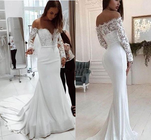 Women's Clothing One Shoulder Lace Long Sleeved Dress Mopping Wedding Dress_ecoleips.com