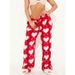 Women Heart Print Plush Pajama Pants Fuzzy Wide Leg Drawstring Loungewear Bottoms Y2k Flannel Valentines Pj Trousers_ecoleips.com