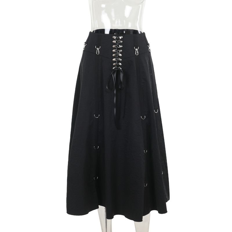 Gothic Culture High-Waisted Slim Fit Midi Skirt for Women Lace-Up Metal Ring A-Line Dark Style Summer New_ecoleips.com