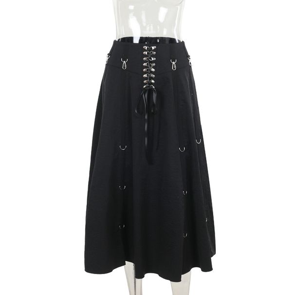 Gothic Culture High-Waisted Slim Fit Midi Skirt for Women Lace-Up Metal Ring A-Line Dark Style Summer New_ecoleips.com