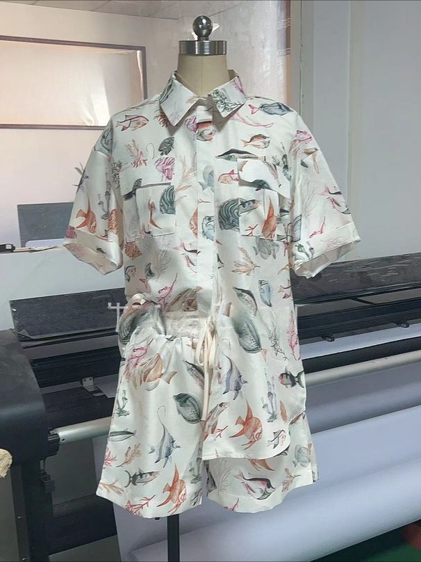 K Fashionable And Personalized Fish Print Short Sleeved Vacation Style Casual Drawstring Set_ecoleips.com