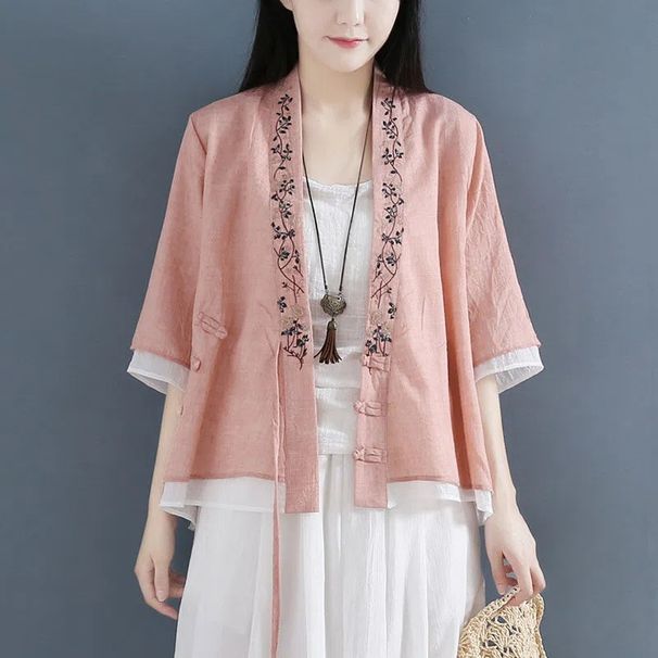 Oblique 3 Button Mid-Sleeve Cotton Fake Two-Piece Shirt Women's Top Chinese Style Vintage Tea Clothes Cotton And Linen C_ecoleips.com