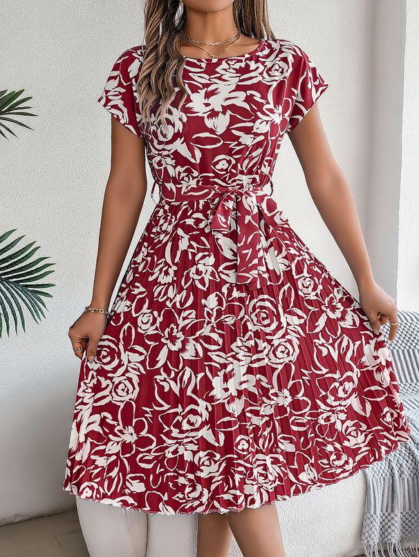 Real Shot Of 2026 Spring/Summer European And American Elegant Floral Short-sleeve Pleated Dress With A Large Hem._ecoleips.com