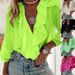 Women's Clothing V-Neck Blouse With Flounce Hem And Puff Sleeves, Elegant Long Sleeve Tops For Casual Wear_ecoleips.com