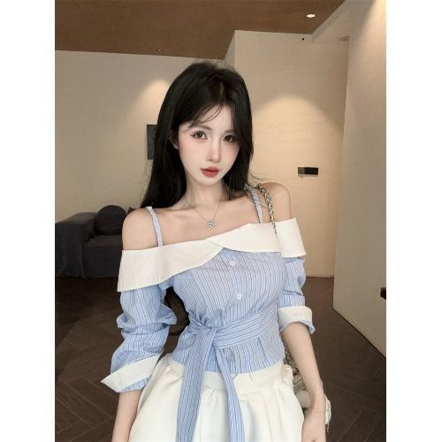 Early Autumn Chic Stylish Color-blocked Off-shoulder Long-sleeve Shirt For Women, With A Unique Design, Waist-cinching,_ecoleips.com