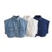 9846 Early Autum New Wome's Fashio Europea Ad America Style Tur-dow Collar Sleeve Short Deim Shirt Top For_ecoleips.com
