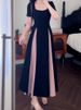 Elegant Mesh Splice Summer Dress Women's A-Line Skirt Slimming Black Dress Commute Korean Style Short Sleeve Long Dress_ecoleips.com