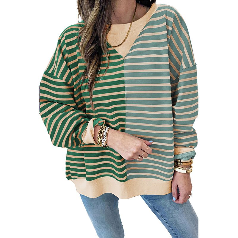Women's Long Sleeve Stripe Color Block Casual Sweatshirt - Loose Fit Pullover Hoodie For Streetwear & Everyday Comfort_ecoleips.com