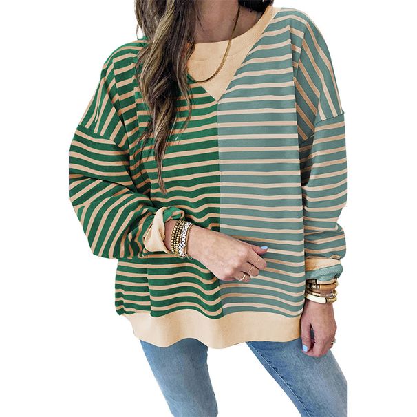Women's Long Sleeve Stripe Color Block Casual Sweatshirt - Loose Fit Pullover Hoodie For Streetwear & Everyday Comfort_ecoleips.com