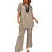 Women's Clothing Solid Color Short Sleeved V Neck Straight Wide Leg Pants Casual Elegant Loose Clothes_ecoleips.com