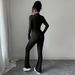 Voya Women's Black Slim Fit And Slimming Zipper Stand Up Collar Top, Slightly Flared Pants, Fashionable Two-piece Set For Women_ecoleips.com
