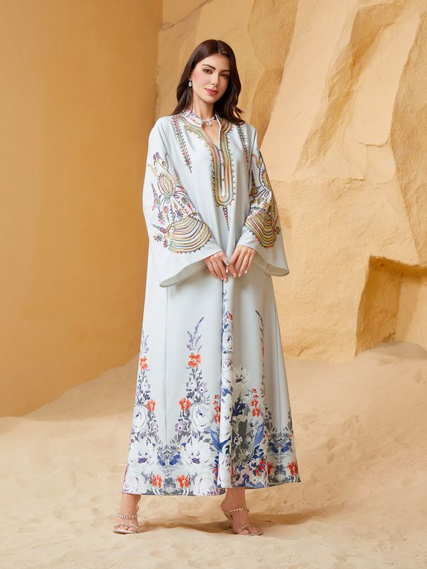 Elegant Embroidered Abaya Dress – Modest Muslim Long Sleeve Prayer Gown With Rope Stitching, Dubai Travel & Festival Wear_ecoleips.com