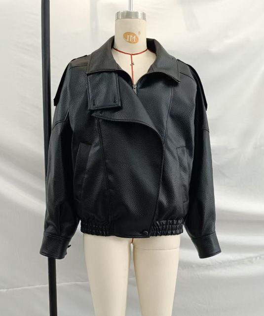 Women's Double Layer Collar Leather Jacket Loose Fit Trendy Black Motorcycle Style Coat Autumn/Winter Elegant Fashion Daily_ecoleips.com