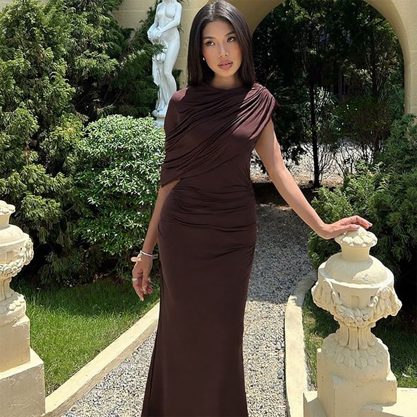 European And American Hot-Selling Women's 2025 Summer New Fashion Asymmetrical Shoulder Design Tight-Fitting Bodycon_ecoleips.com