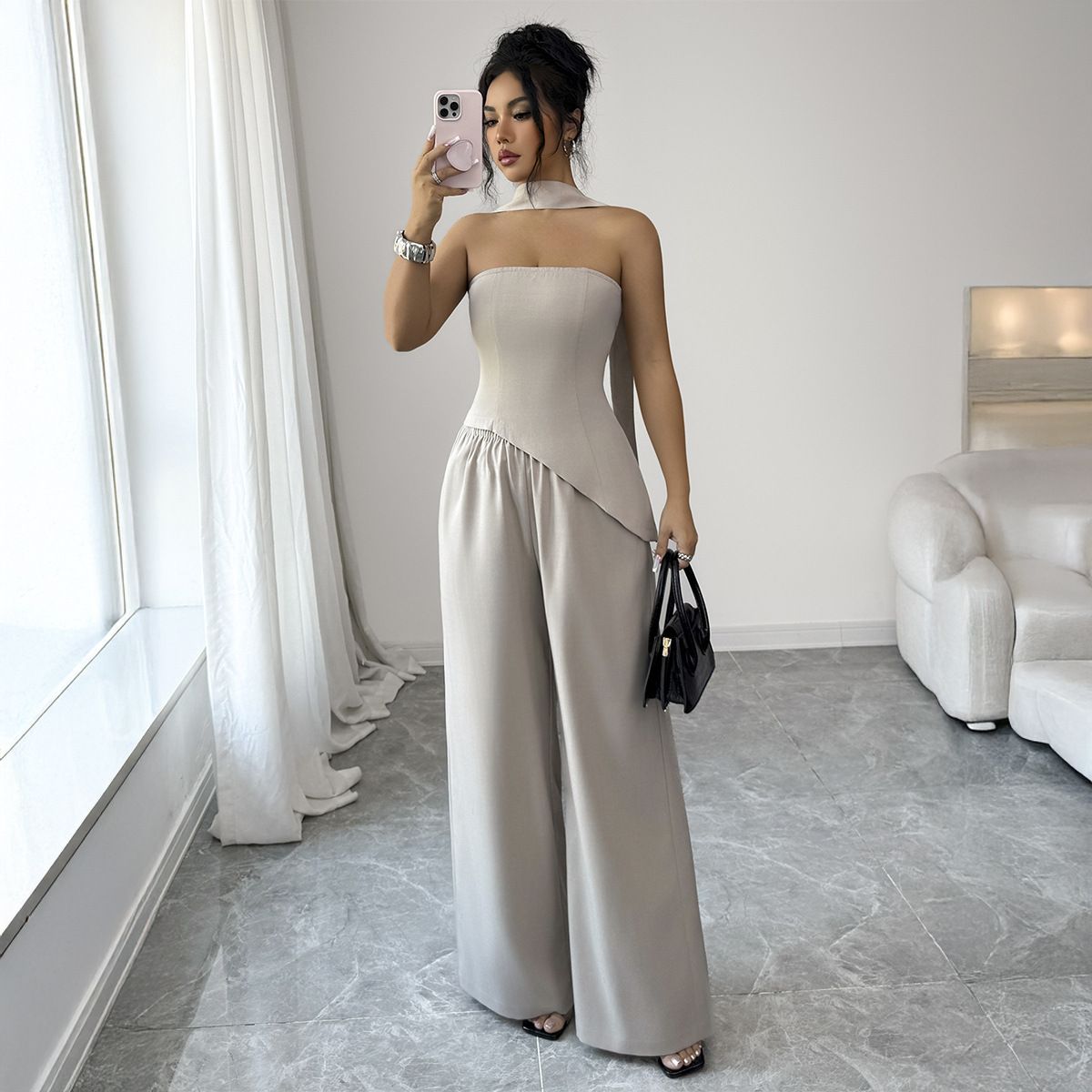 Women's Elegant Strapless Asymmetrical Lounge Set Soft Peach Beige Wrinkle-Free Polyester Chic Minimalist Outfit S to XL_ecoleips.com