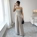 Women's Elegant Strapless Asymmetrical Lounge Set Soft Peach Beige Wrinkle-Free Polyester Chic Minimalist Outfit S to XL_ecoleips.com