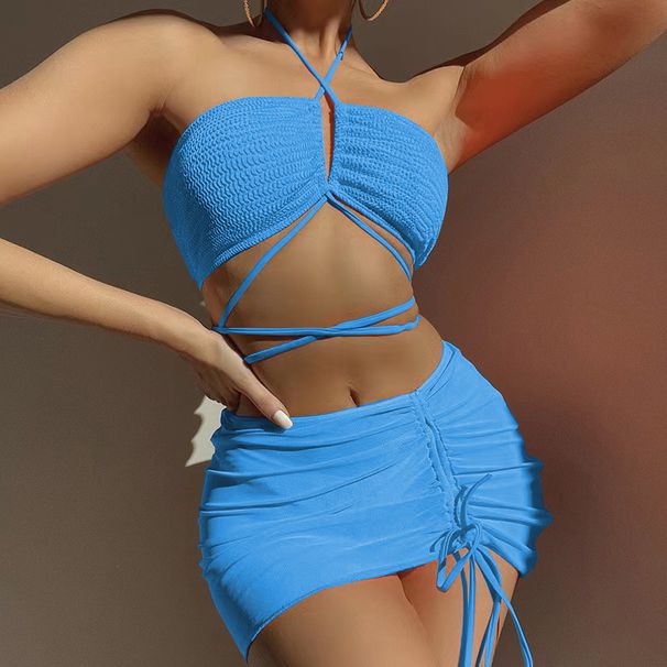 Women's Clothing New Pleated Cloth Drawstring Lace-Up Mesh Three-Piece Swimsuit Bikini Bikini_ecoleips.com