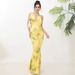 Yellow Green Tie Dye Satin Halter Mermaid Maxi Dress, Cowl Neck Backless Ruched High Stretch Bodycon Evening Party Gown_ecoleips.com
