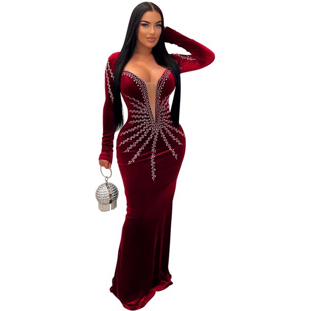 legant Long Sleeve Bodycon Dress With Rhinestone Details - Stretchy Velvet Party Dress For Women, Slim Fit Evening Gown In Black/Burgundy/Navy_ecoleips.com