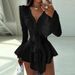 Women's Elegant Ruffle Dress V Neck Flared Sleeve Waist Cinching Solid Color Autumn Winter Fashion_ecoleips.com