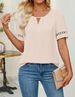Verve 2025 Summer Women's Elegant Hollow Out Lace Trim Solid Color Buttonless Short Sleeve T-Shirt_ecoleips.com