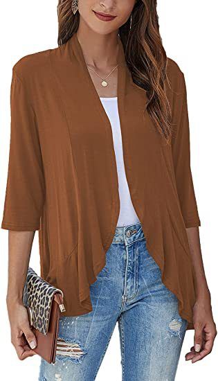 Women's Elegant Cotton Cardigan Polo Neck Blouse 3/4 Sleeve Flounce Hem Breathable Layering Piece for Spring And Fall 16 Colors_ecoleips.com