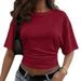 Women's Slim Fit round Neck T-Shirt Summer Breathable Casual Tee Smocked Waist Short Sleeve Stretchy Cotton Top Lightweight_ecoleips.com
