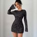 Women's Sexy Floral Print Long Sleeve Backless Lace Up Bodycon Mini Dress – Round Neck Trendy Gown_ecoleips.com