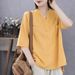 2026 Artistic Retro Summer V-Neck Cotton Linen Top Slimming Age-Reducing Temperament Short-Sleeved T-Shirt Women's Loose_ecoleips.com