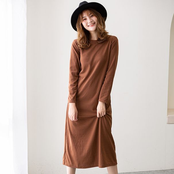 New Loose Fitting Sweatshirt Midi Skirt For Spring And Autumn Solid Color Round Neck Long Sleeve Versatile Over The Knee Dress For Women_ecoleips.com