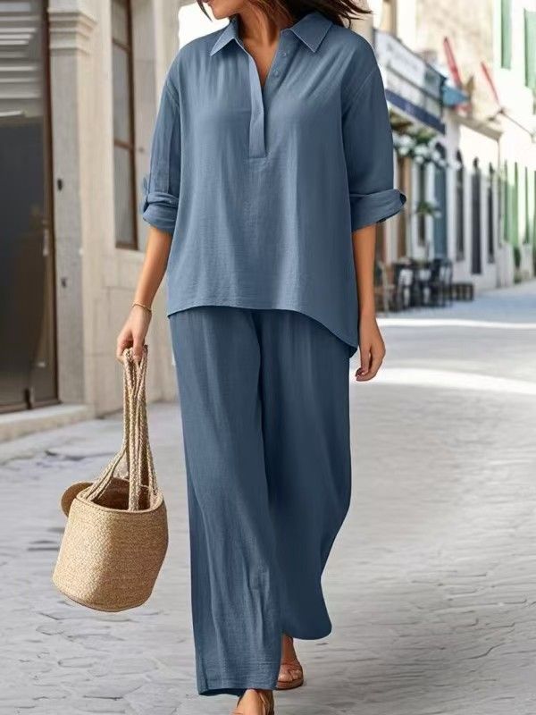 Women's Clothing Spring And Autumn New Cotton And Linen Solid Color Shirt Wide Leg Pants Two Piece Set_ecoleips.com
