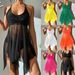 Women's European American Style Two Piece Swimsuit High Waisted Crossover Top Double Shoulder Straps Mesh Hem Swimwear_ecoleips.com