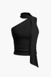 Women's Slim Fit Asymmetrical Vest European American Style One Shoulder Design with Pleated Detail And Ribbon Scarf Neck Warmer Sleeveless Short T-Shirt Top_ecoleips.com