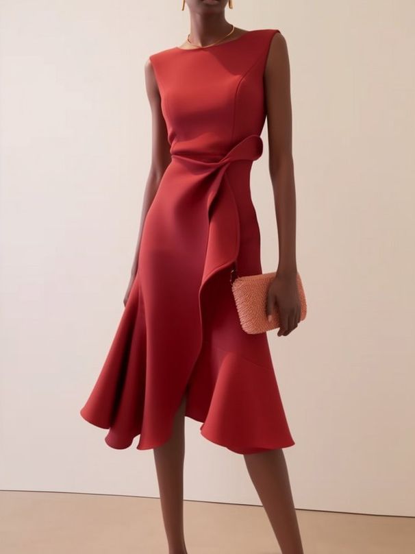 2025 Women's Clothing Sleeveless Red Elegant Dress Round Neck_ecoleips.com