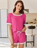 K Women's New Solid Color Pit Stripe Color Blocked Sleepwear Short Sleeved Home Suit Set. No Necklaces Or Other Accessories_ecoleips.com