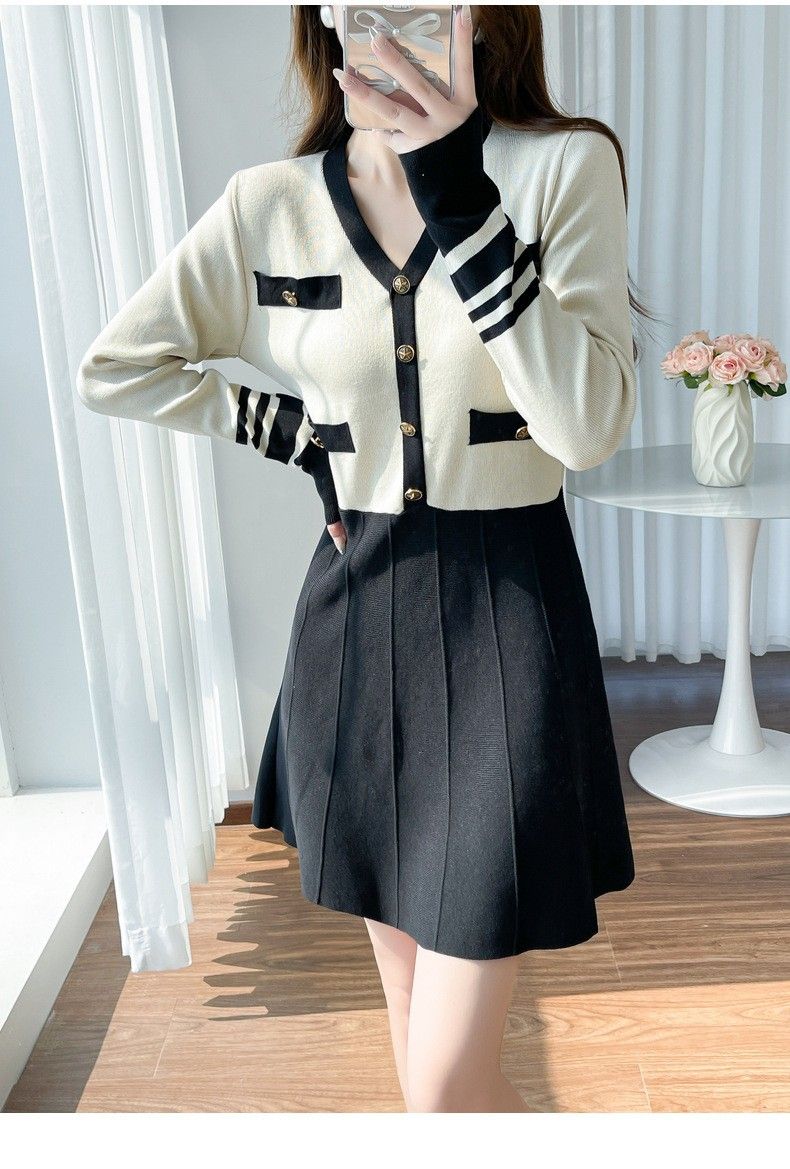 K New Women's Dress With Temperament Splicing Knitted Dress Color Collision A-line Skirt_ecoleips.com